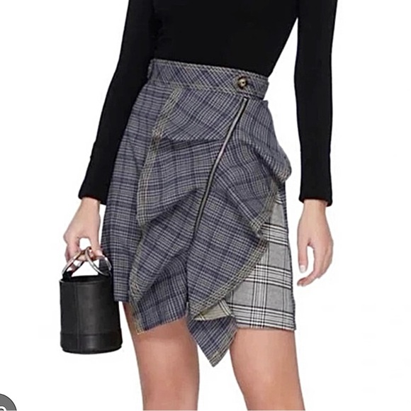 Self-Portrait Scottish Ruffled Checked Plaid Tweed Mini Skirt Blue Bicolor Sz 4 - Picture 1 of 10